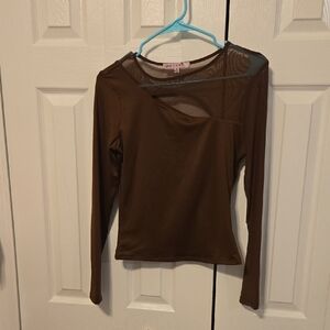 Crave Fame Brown Mesh Long Sleeve Top